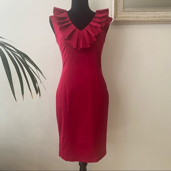 Cue Dresses & Skirts - CUE Vintage Midi Dress Dark Red Ruffle Trim Cotton Viscose Elegant Classic 8